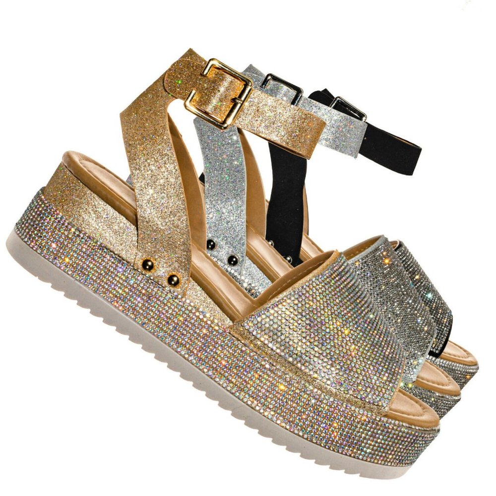 NEW Sparkling Rainbow Rhinestone Open Toe Sandals Flat Platform Heel Ankle Strap - Picture 11 of 11